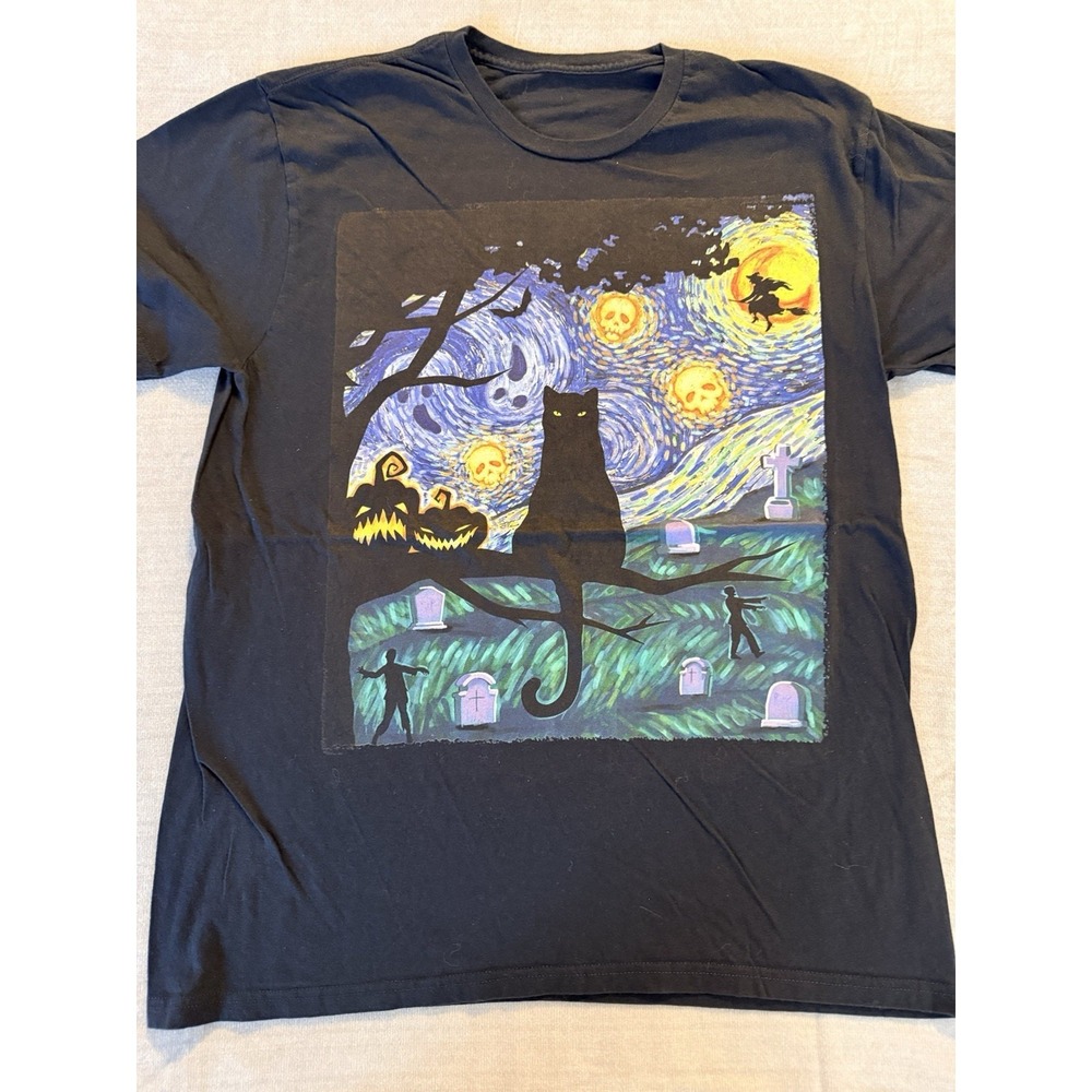 Halloween Cat Shirt Starry Night Pumpkin Witch Graveyard Graphic Tee XL